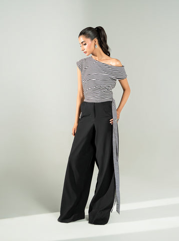 Asymmetrical Grace Plain black Long Elegant Boski Linen Pants 